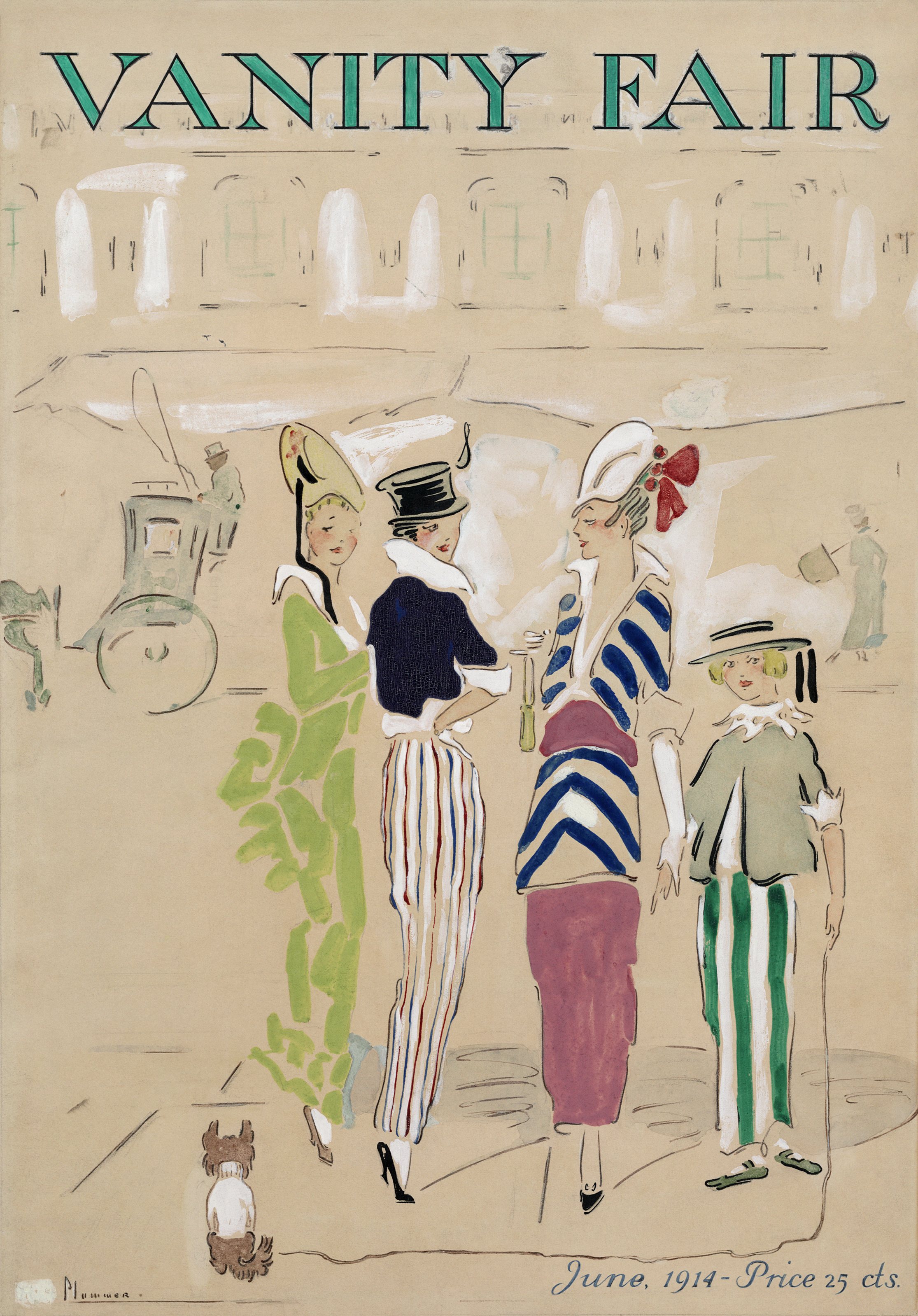 Cover art for  Vanity Fair  magazine.  "Three fashionable women and a young girl holding a dog on a leash gather on a street, conversing. Behind them people walk and a coachman drives a carriage."  India ink, gouache, an