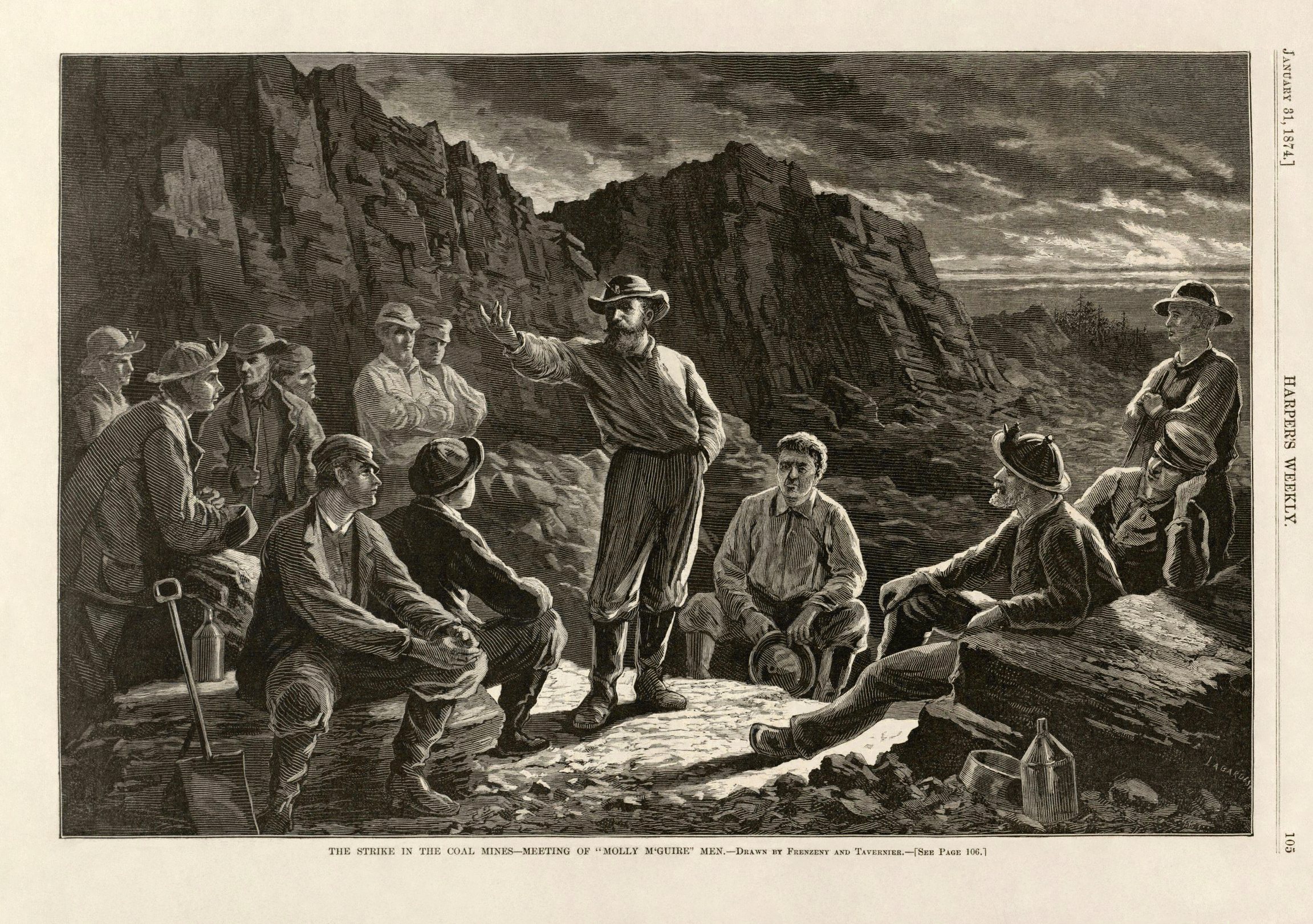 'The Strike in the Coal Mines - Meeting of Molly M'Guire Men".' From Harper's Weekly, January 31, 1874.
 The text on the next page (of questionable accuracy) reads:
  COAL  MINERS’  STRIKE
 
The extensive strike among th