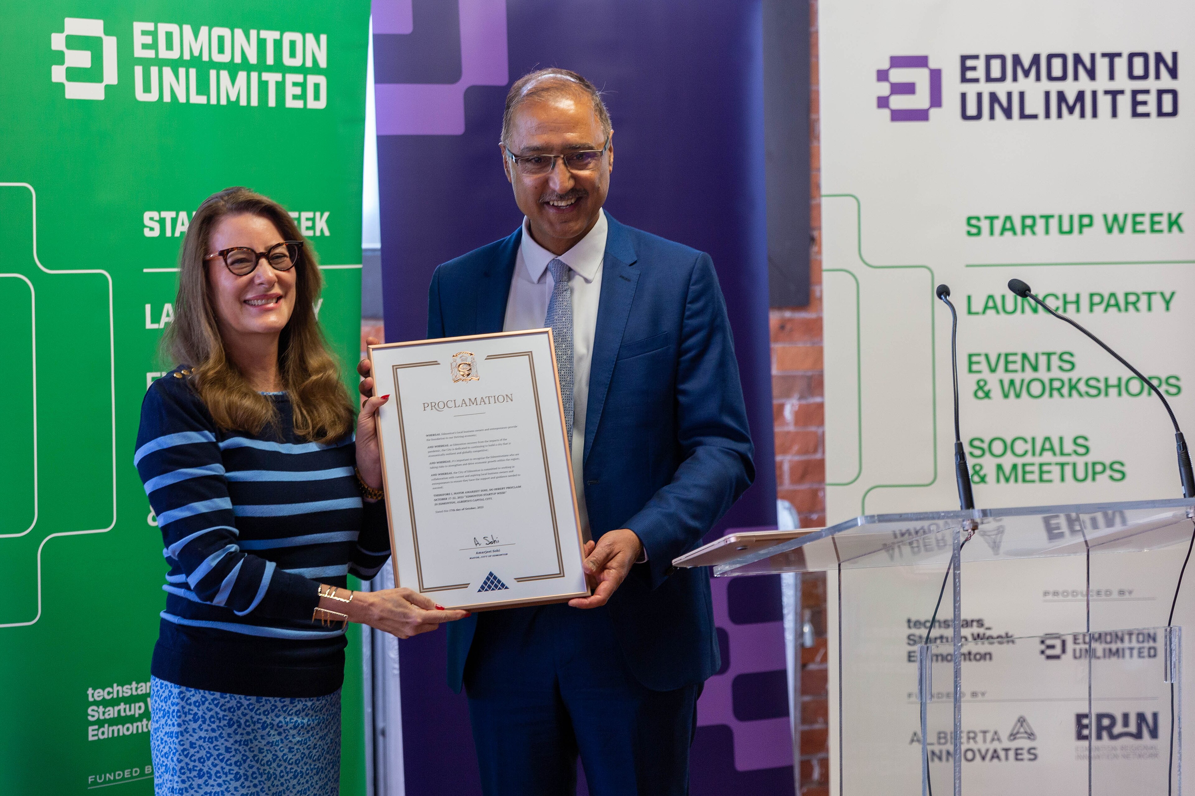 Edmonton Mayor Amarjeet Sohi and Catherine Warren, the CEO of Innovate Edmonton.