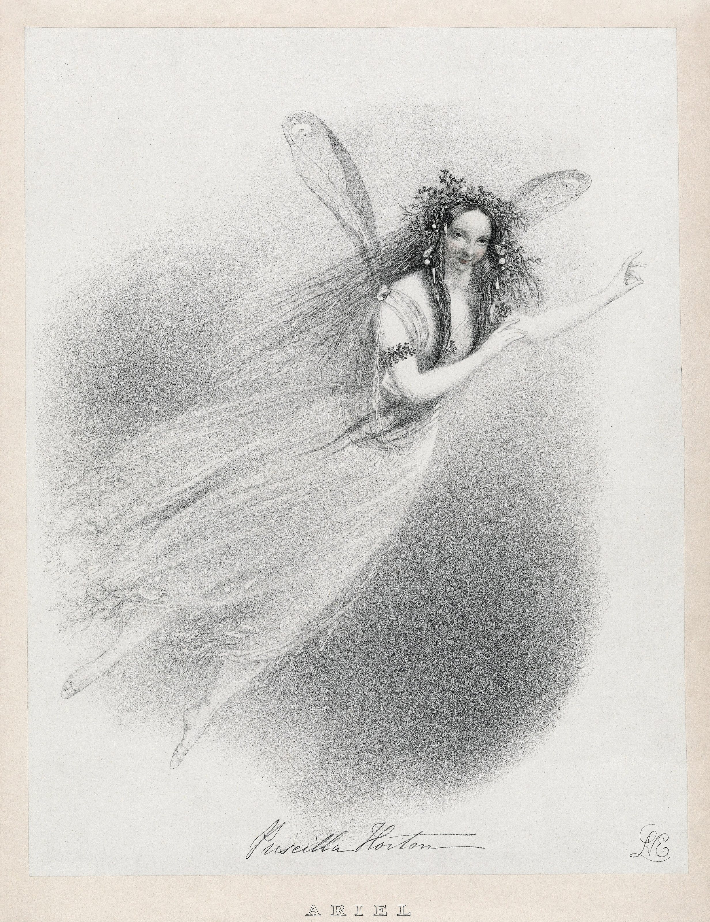 Priscilla Horton , later  Mrs. German Reed , as Ariel in the final scene of Act 5 of   The Tempest  . Original dimensions: 287 × 223 mm.