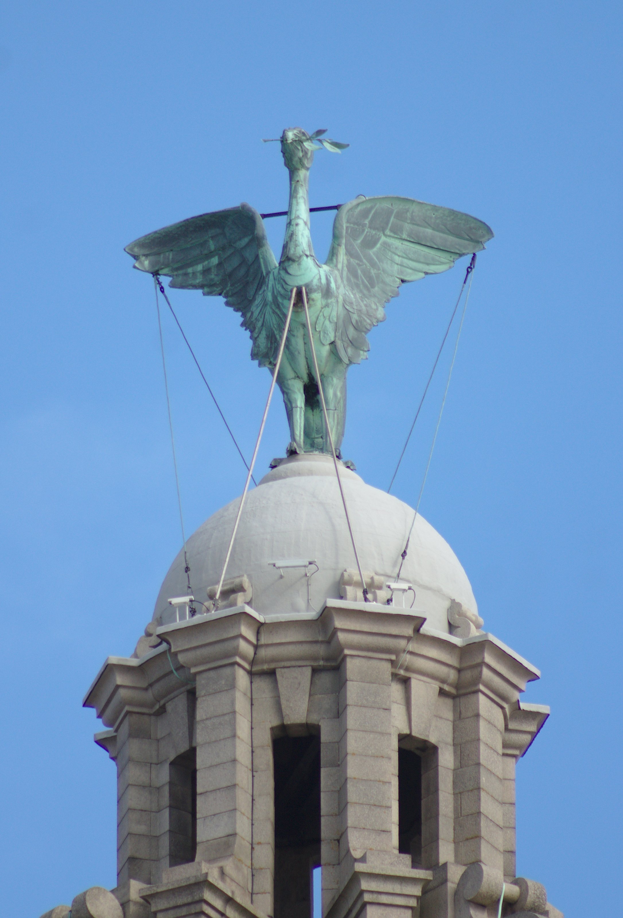 The story is that this Liver Bird, named Bella, looks out to sea across the Mersey to see when her husband in coming home while her counterpart, Bertie, is looking inland to see whether the pubs are open.