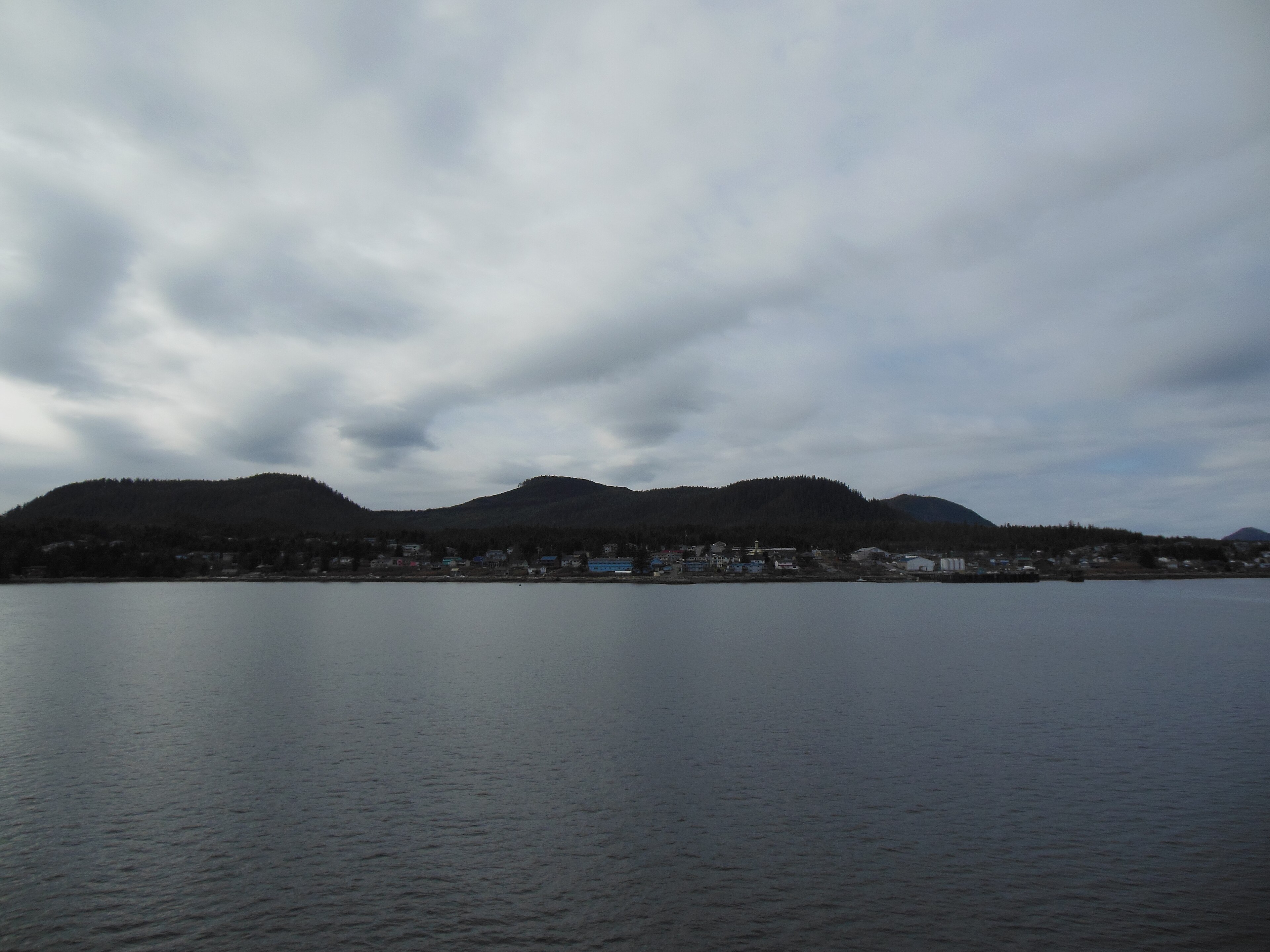 The community of Bella Bella, British Columbia, Canada, as seen from a passing ferry boat