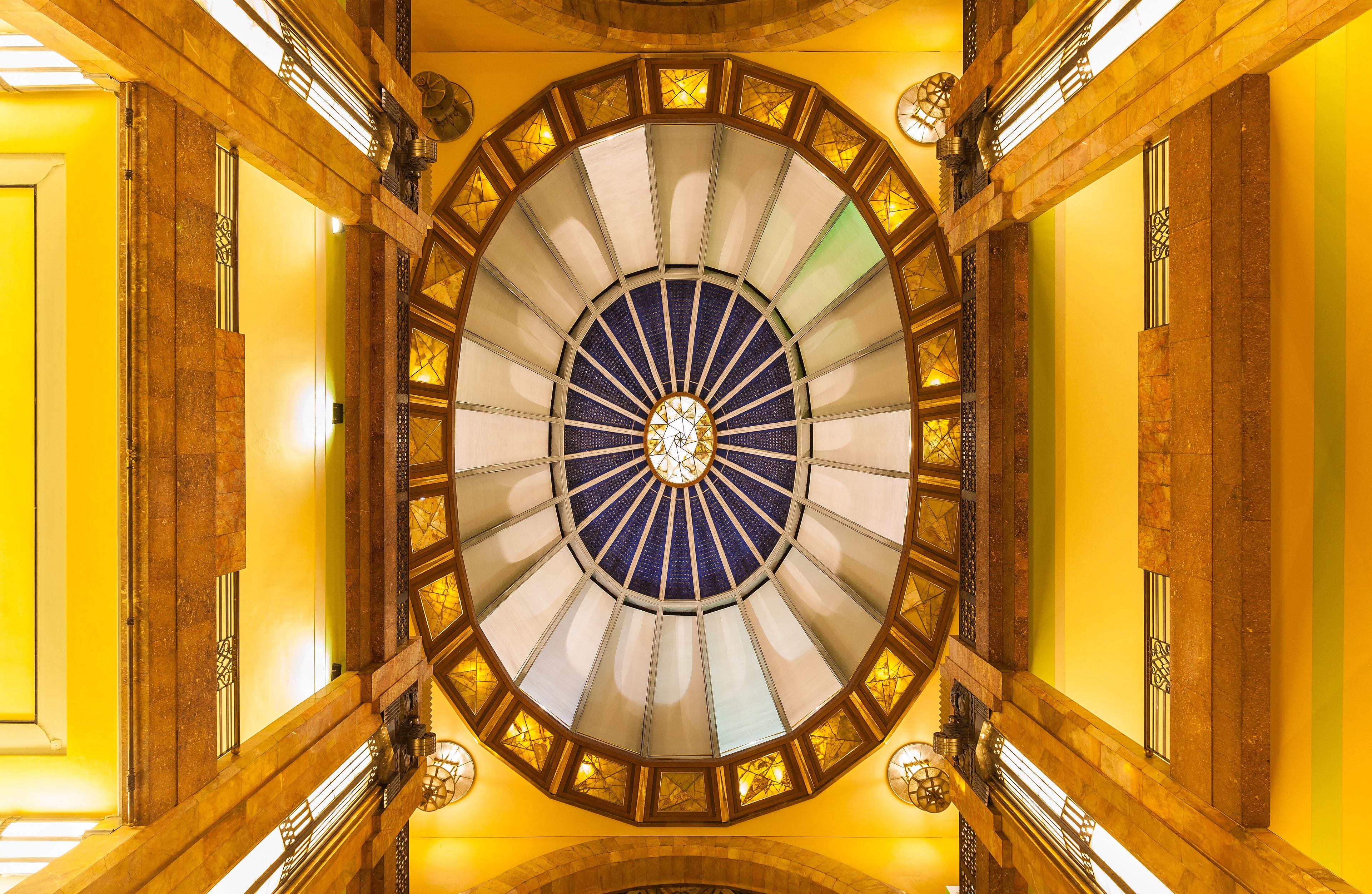 Interior view of the dome of the  Palacio de Bellas Artes  (Palace of Fine Arts) of  Mexico City . The building, located in the  historic center  of the mexican capital, required 30 years (1904-1934) to be constructed an