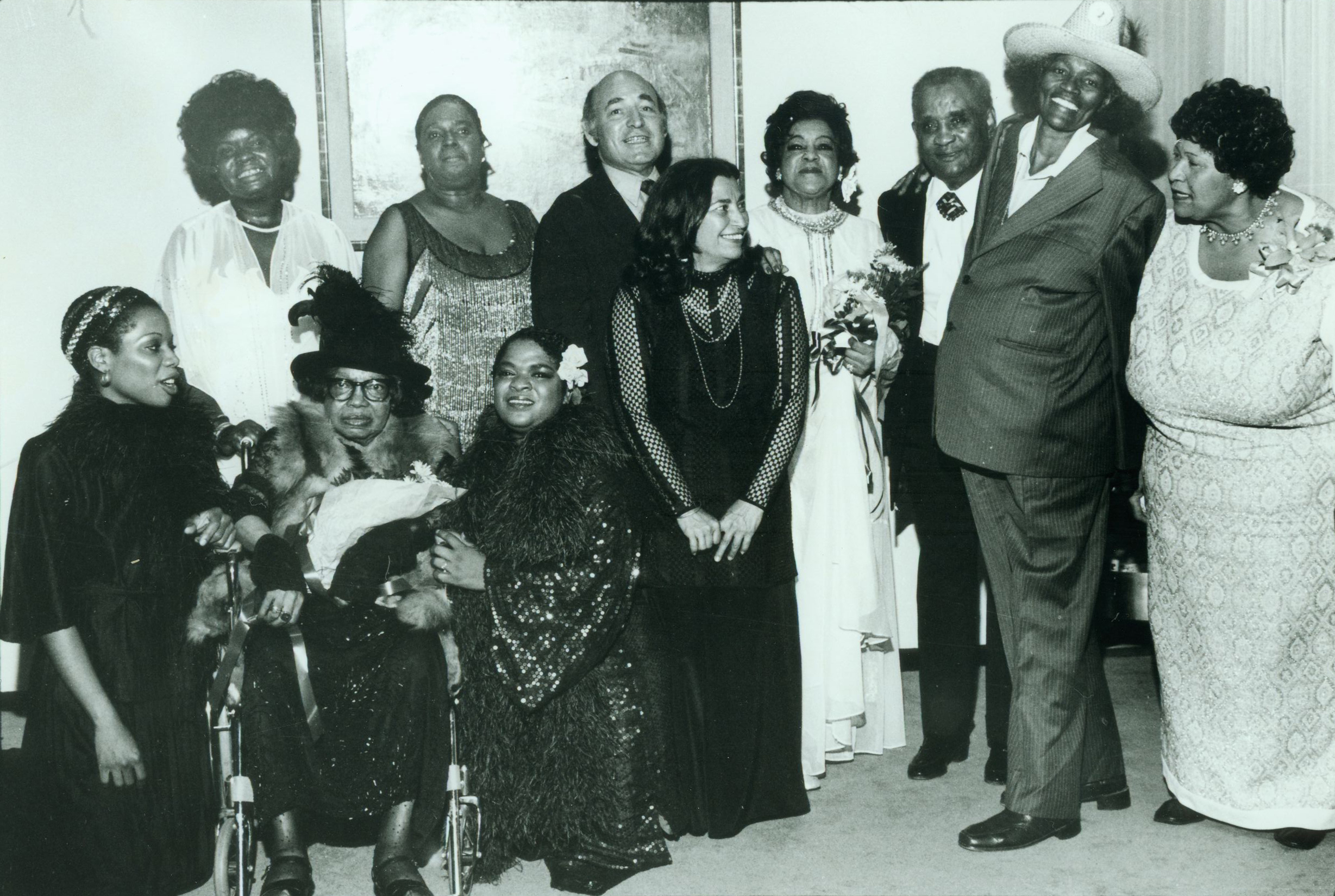 Rosetta Reitz with the performers (Carmen McRae, featured music by Adelaide Hall, Big Mama Thornton, Nell Carter, and Koko Taylor) of the Blues Is a Woman Concert at the Newport Jazz Festival at Avery Fisher Hall.  Copyr