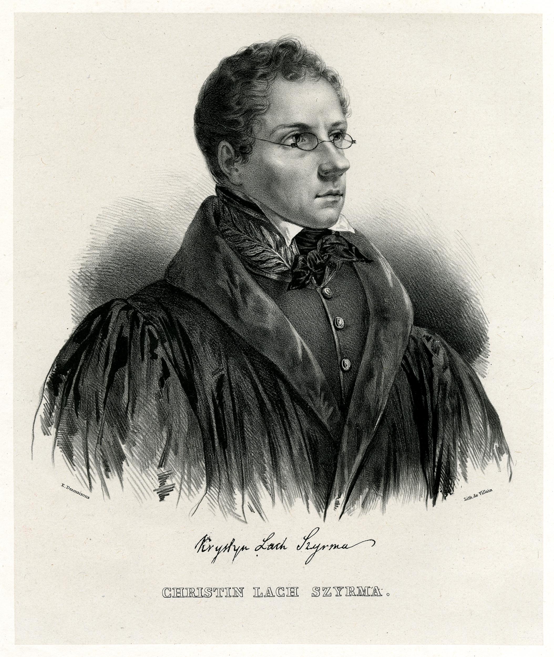 Portrait of Krystyn Lach Szyrma, head and shoulders directed and looking to the right, wearing spectacles, coat over jacket and black neckerchief tied into a bow; vignette.
 Lithograph on chine-collé