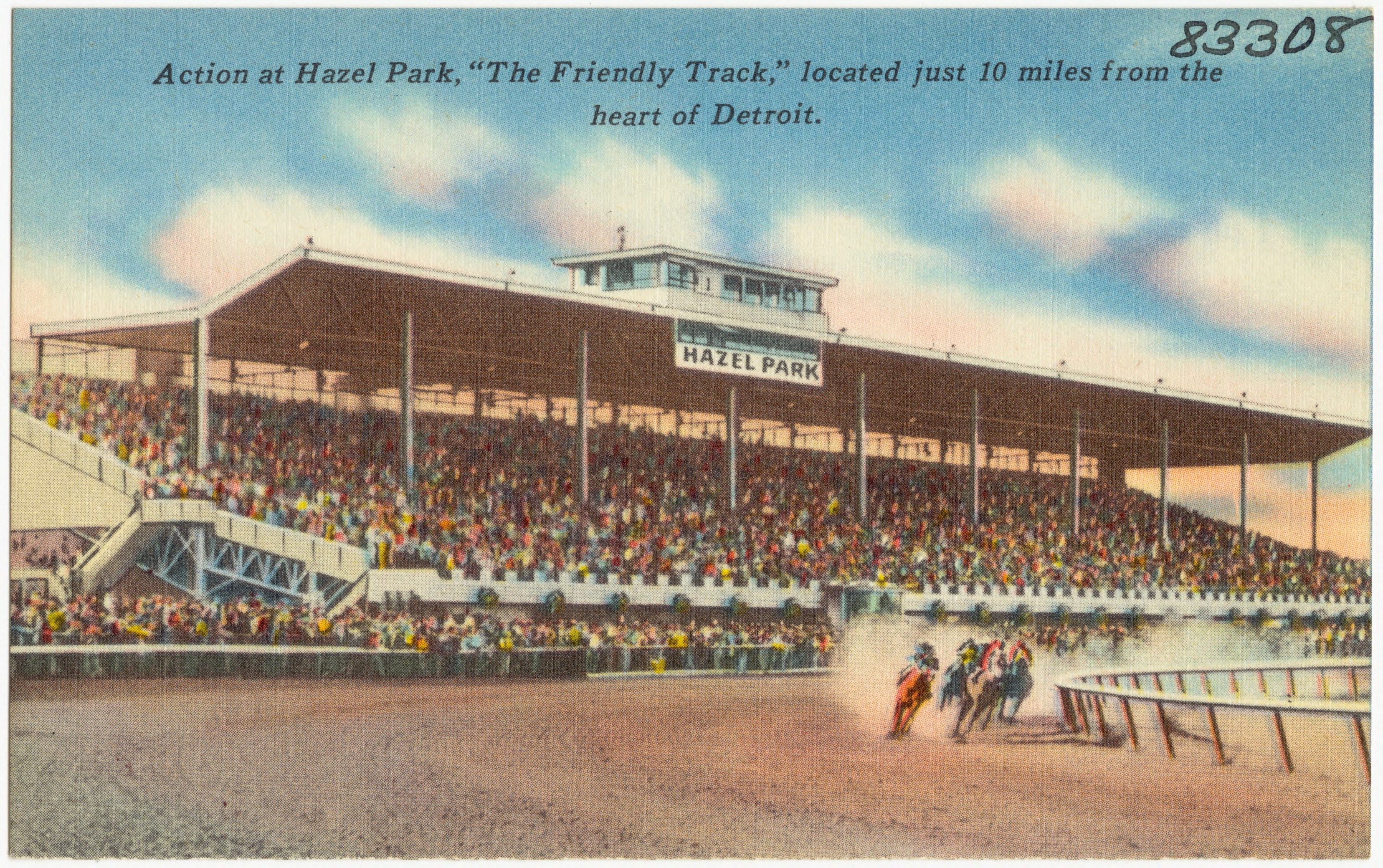 Title:   Action at Hazel Park, "The Friendly Track," located just 10 miles from the heart of Detroit. 
   Subjects:  Sports & recreation facilities 
  Places:  Michigan > Wayne (county) > Detroit 
  Notes:  Title from it