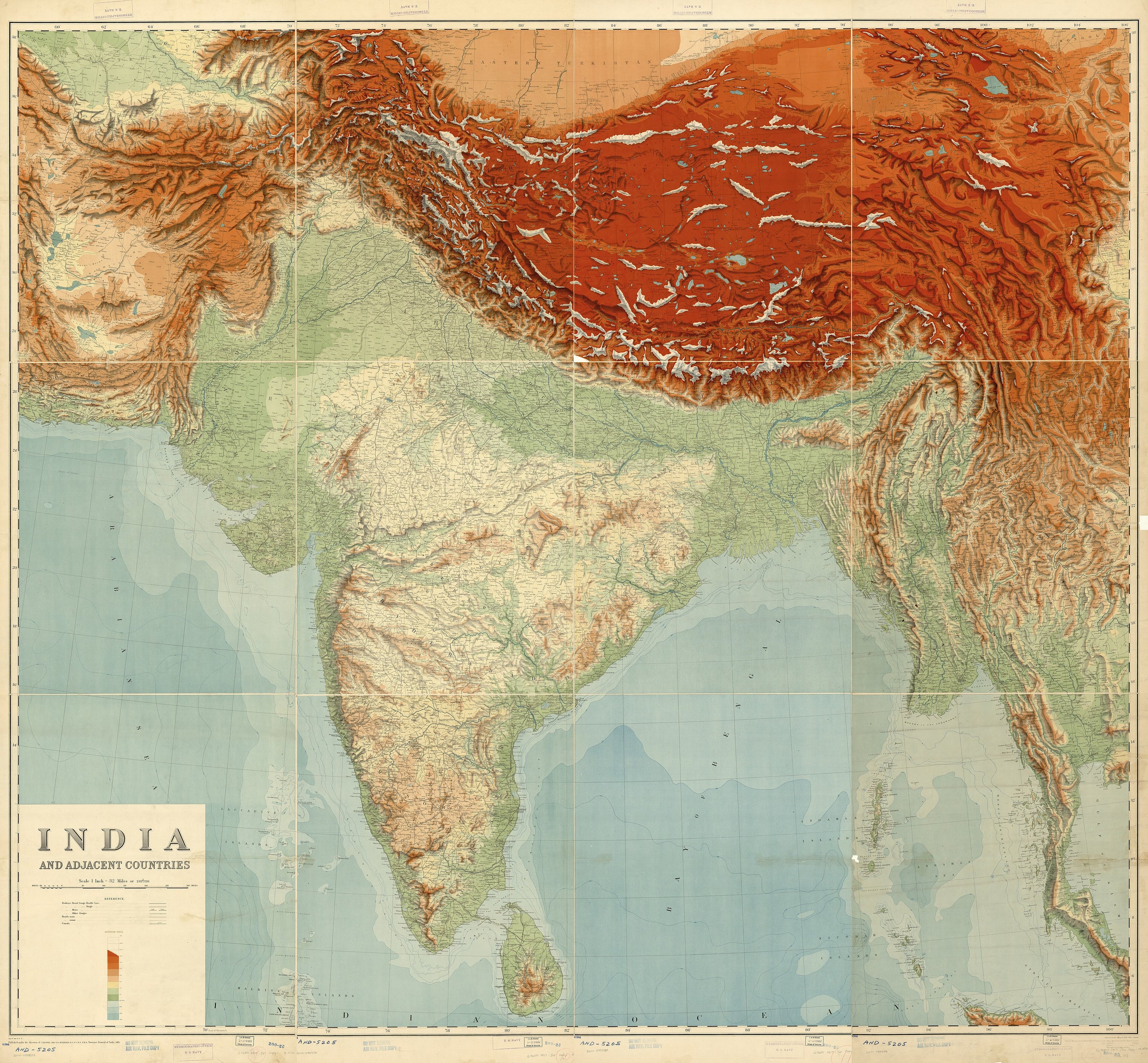 India and adjacent countries. Relief shown by gradient tints, shading, and spot heights. Depths shown by gradient tints and contours. Shows area from Afghanistan in the west to Thailand in the east. Published under the d