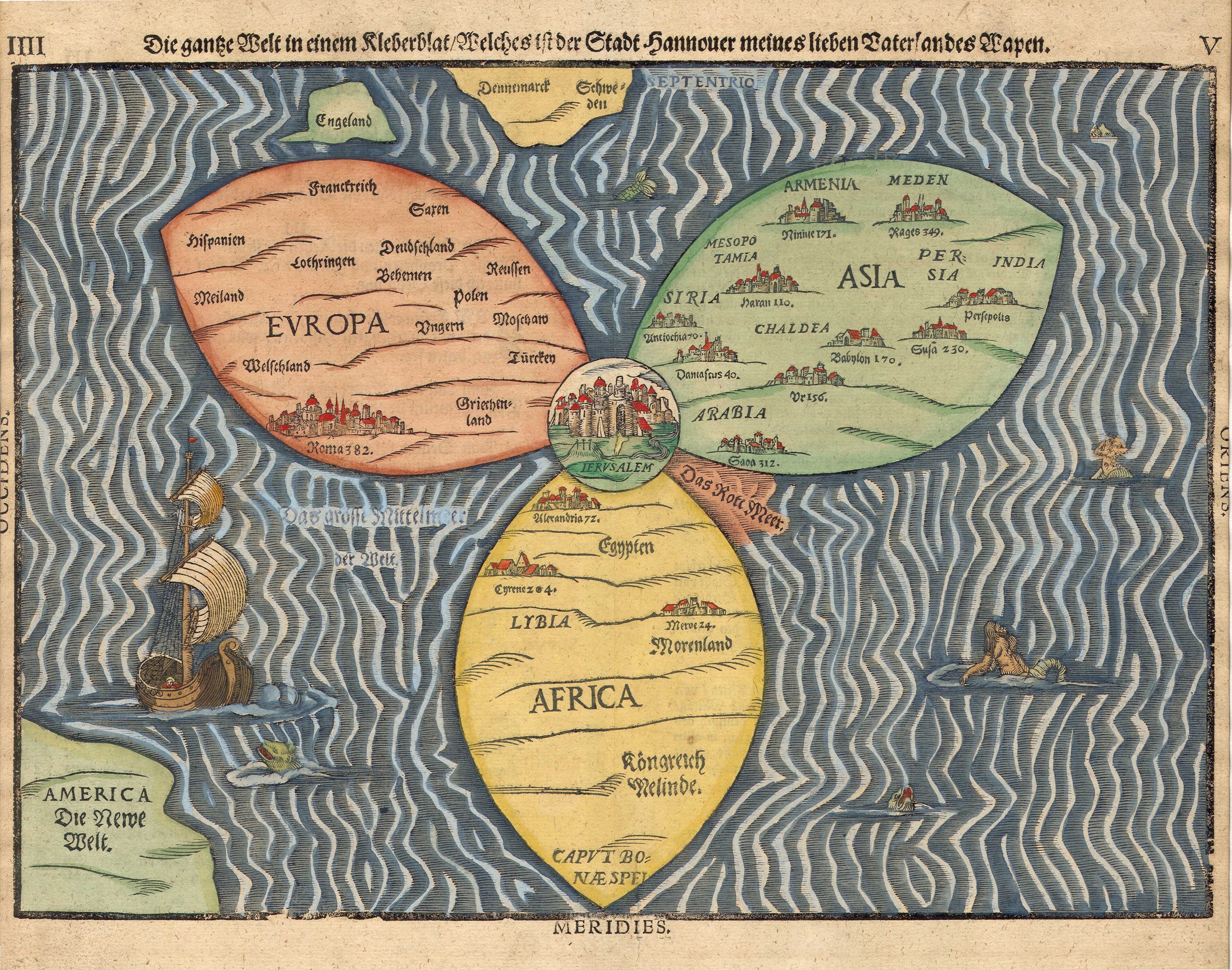 Stylized world map in the shape of a clover-leaf (the three classical continents of Europe, Asia, Africa), with Jerusalem at the center, with additional indication of Great Britain, Scandinavia and America / the New Worl