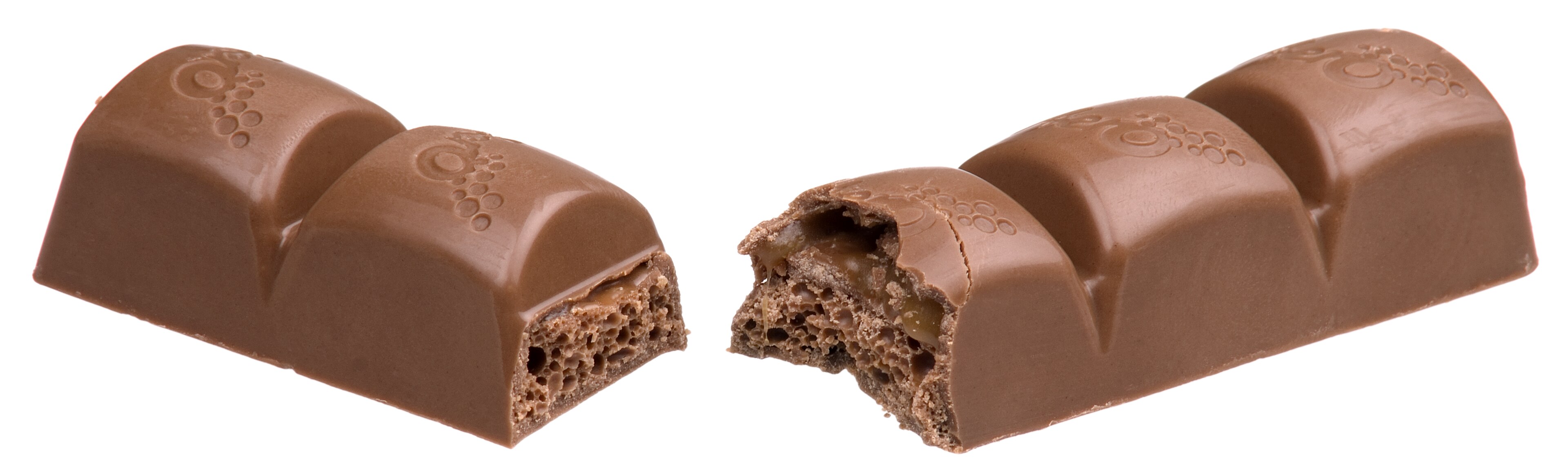 A Nestle Aero Caramel candy bar split in half.