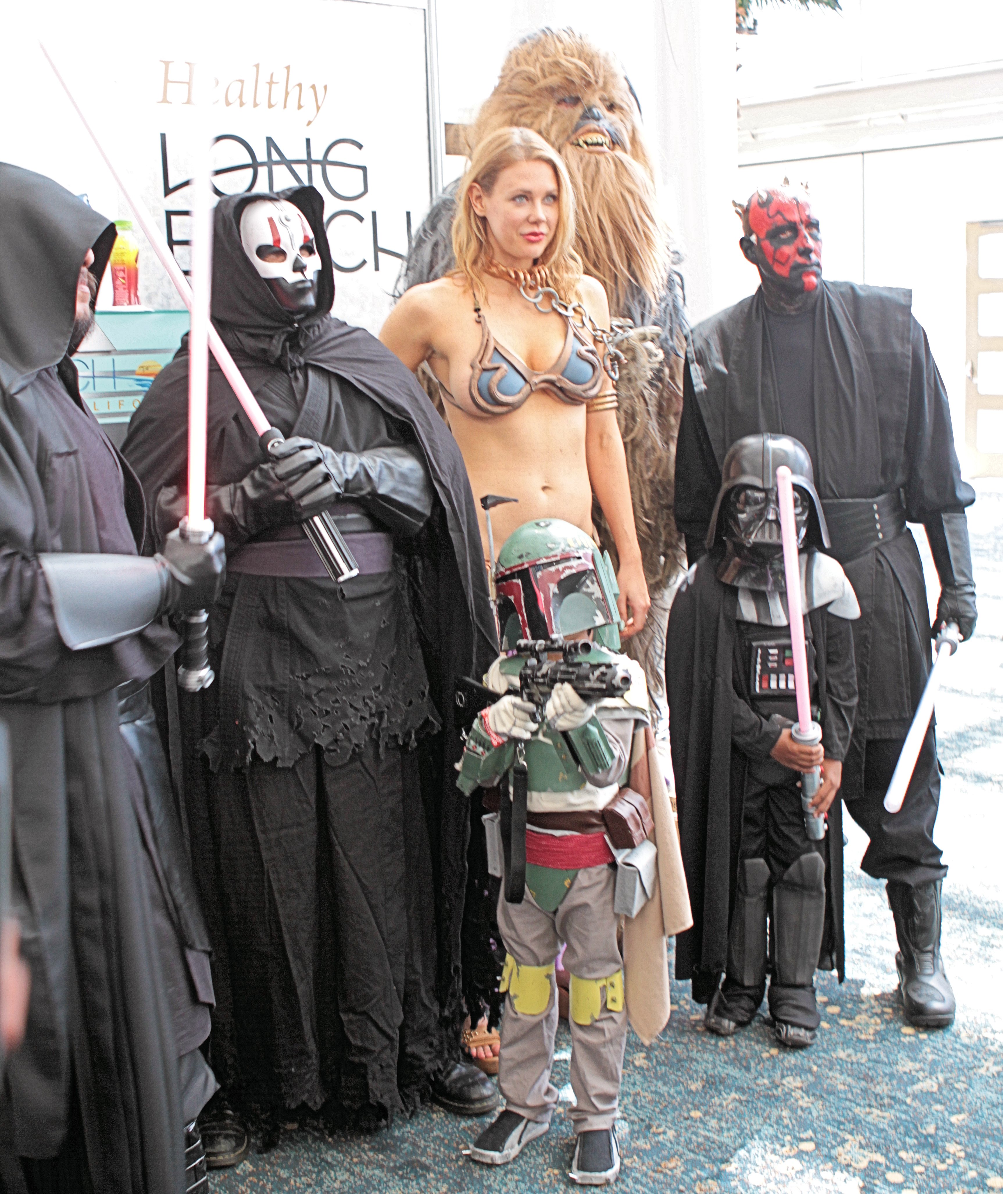 Cosplay at Long Beach Comic Expo 2014. From left to right, back row: An unidentified Sith, Darth Nihilus, Slave Leia (cosplayed by Maitland Ward), Chewbacca, and Darth Maul; front row: Boba Fett, and Darth Vader.