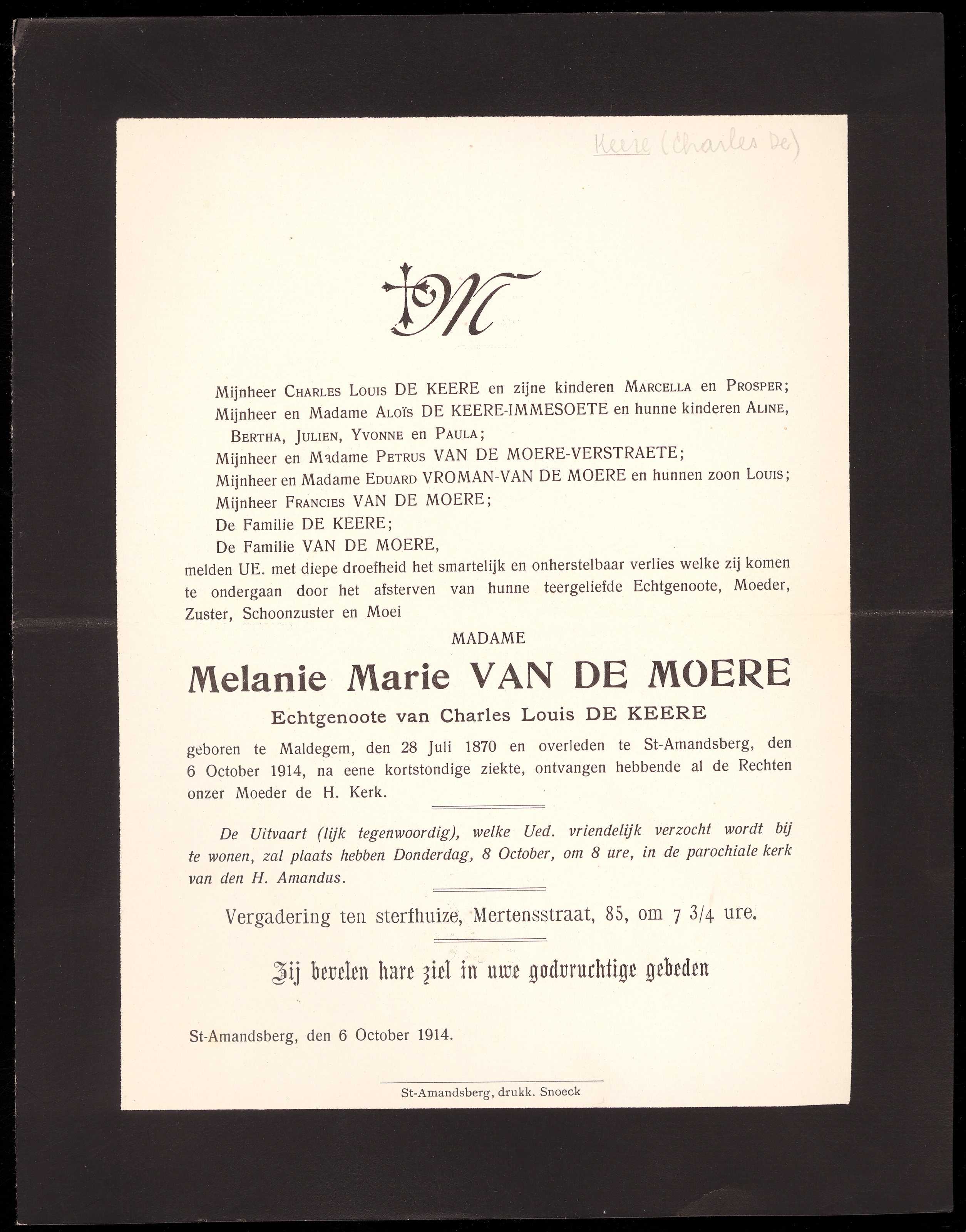 Title [archive] Doodsbrief Melanie Marie Van de Moere. Description 1 document. Description Papier Event Overlijden 06/10/1914 Sint-Amandsberg Publisher 1914. Object ID archive.ugent.be:CC86EBD6-29C9-11EB-A8A4-6E84A936FAF