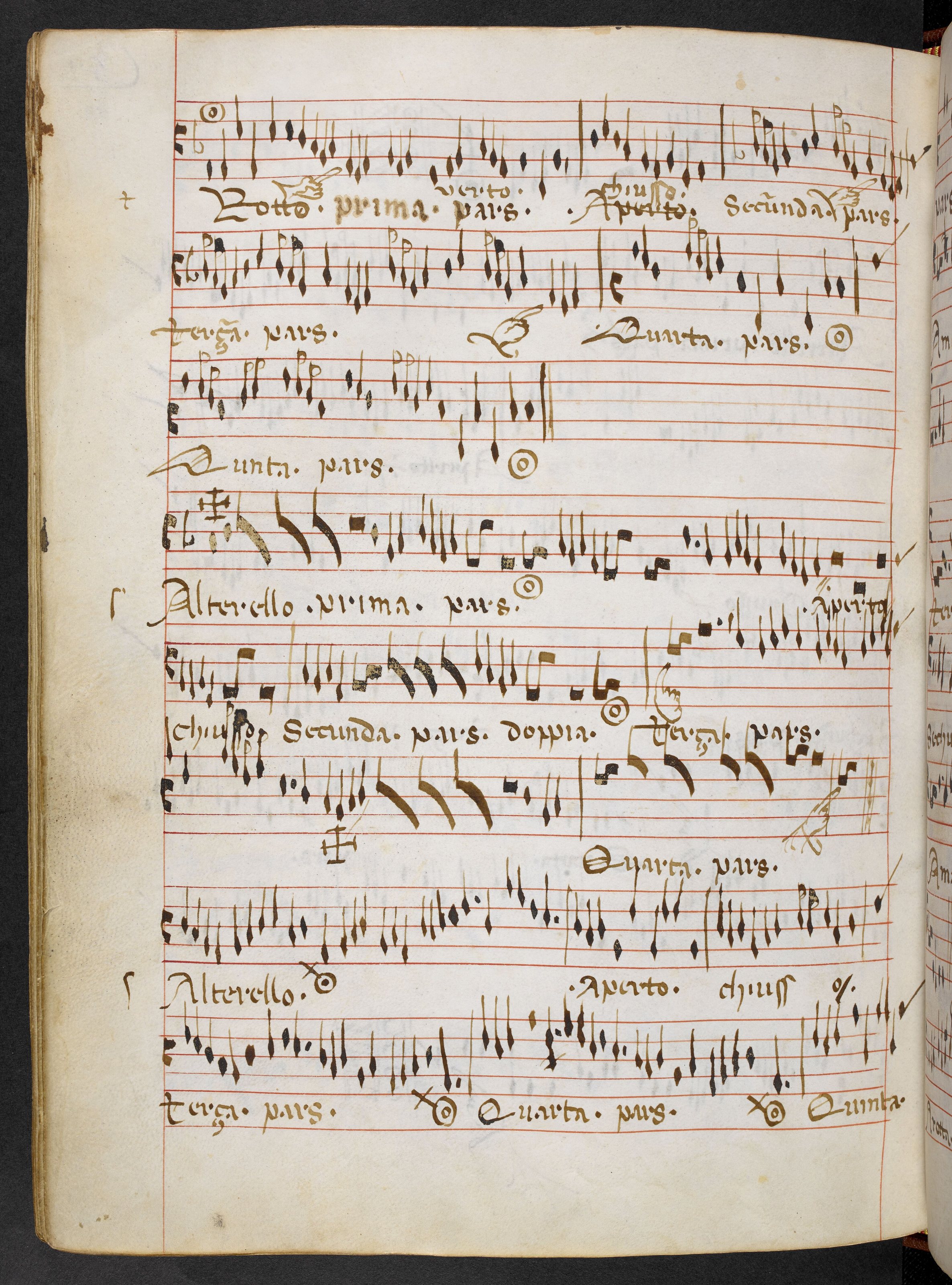 Facsimile of f. 62v of the Italian mediaeval manuscript Add MS 29987 in the British Library, showing the Trotto and part of a saltarello