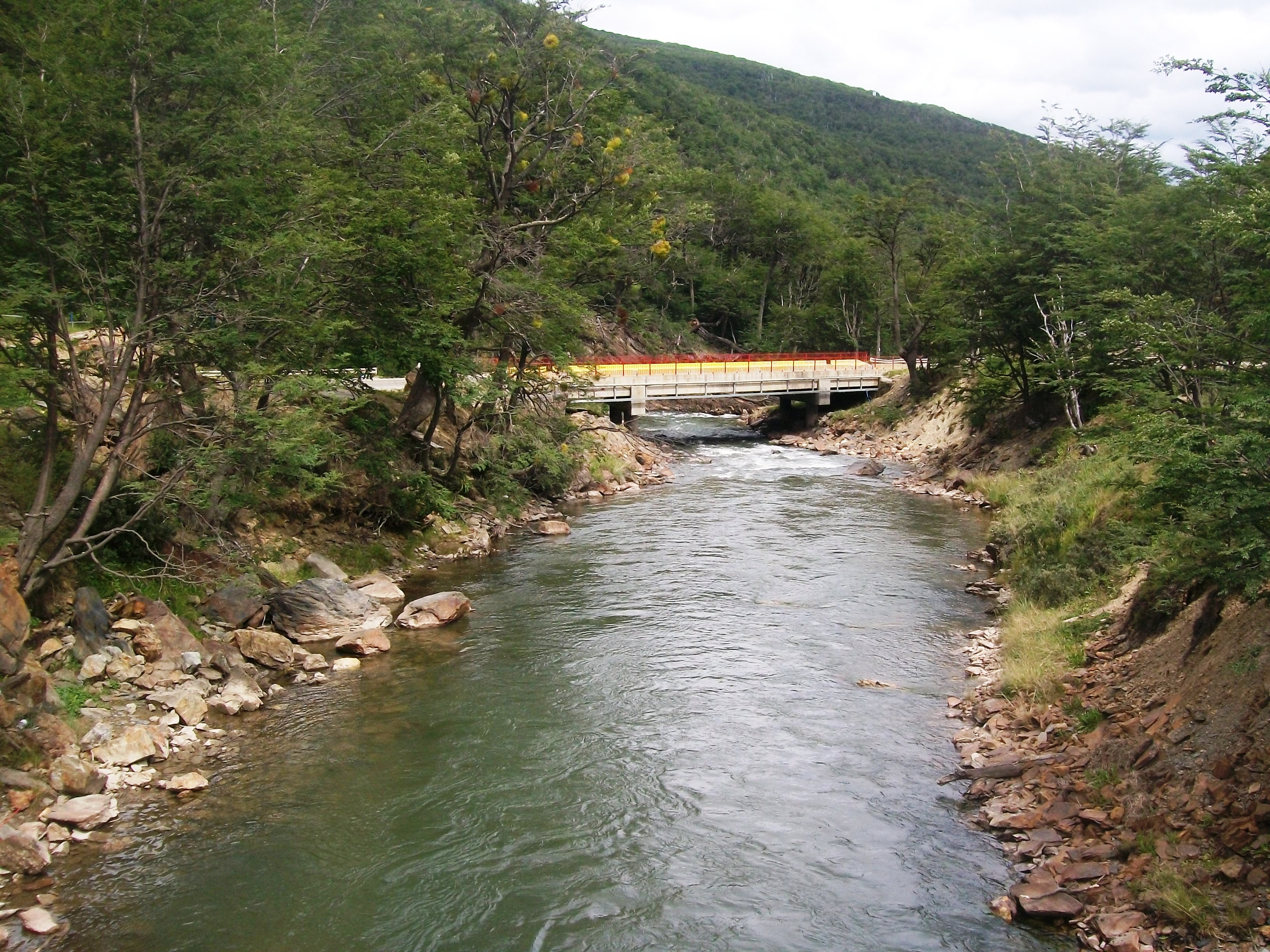Vista del puente sobre la ruta 3 del río Olivia en Tierra del Fuego, Argentina