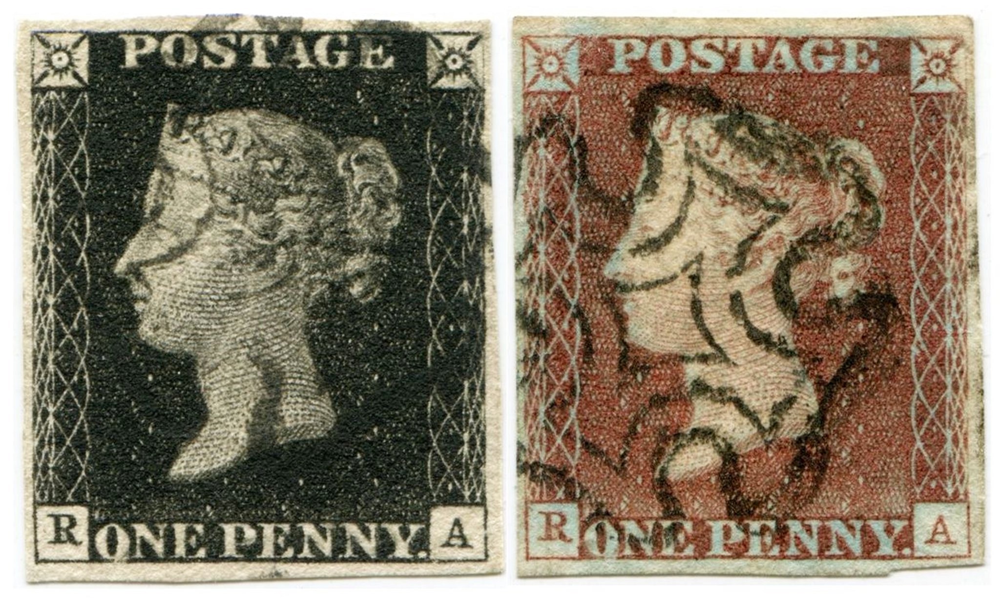 Black & Red: A matched pair of 1840 1d black and 1841 1d red from plate 10 showing the P converted to R by hand engraving and the O flaw state 3 both cancelled by a black Maltese Cross.
