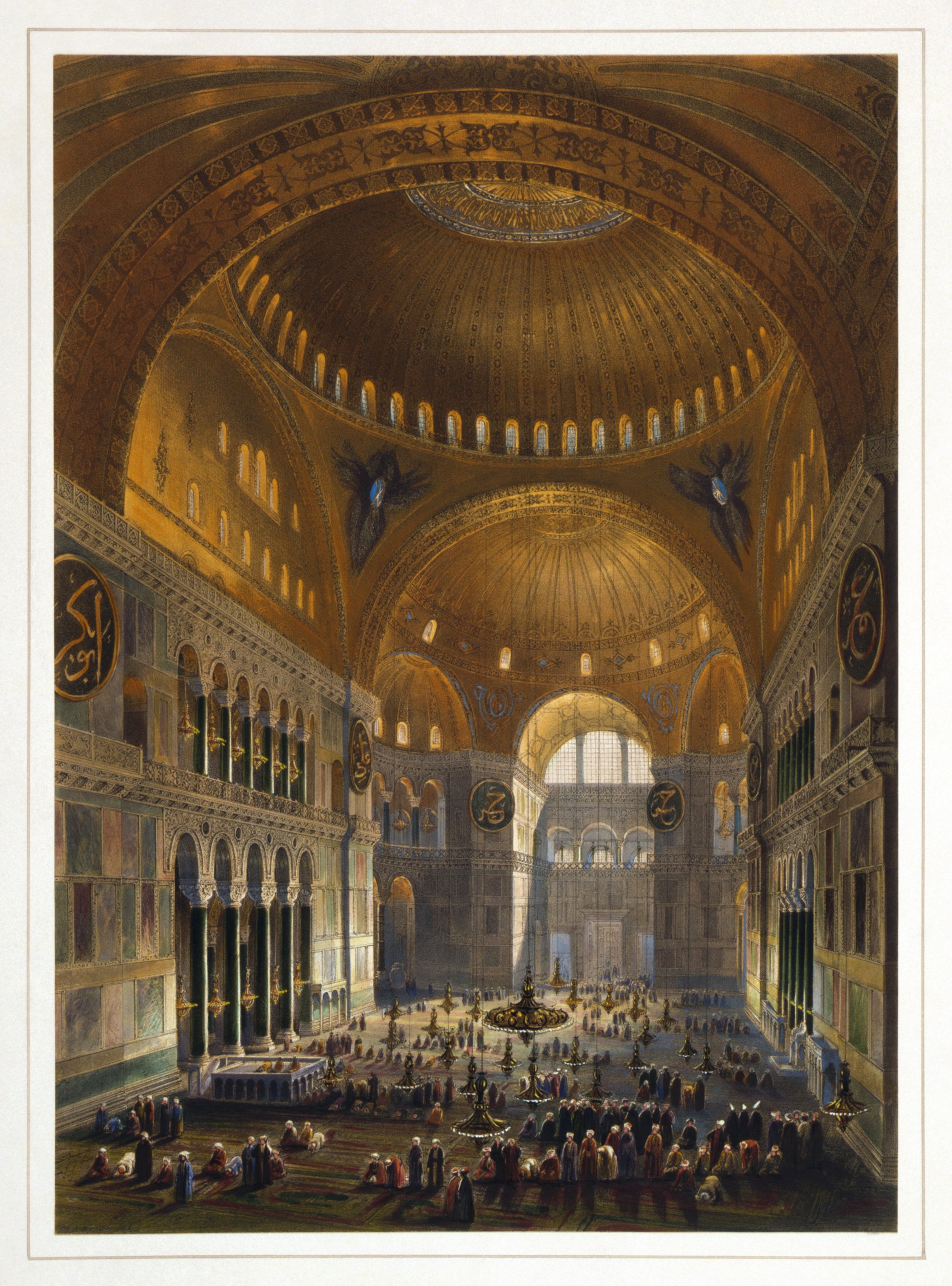 "Vue générale de la grande nef, en regardant l'occident" - An illustration of the nave of the Ayasofya Mosque/Hagia Sophia from the period when it was in use as a mosque. This appears to be a very accurate depiction, com