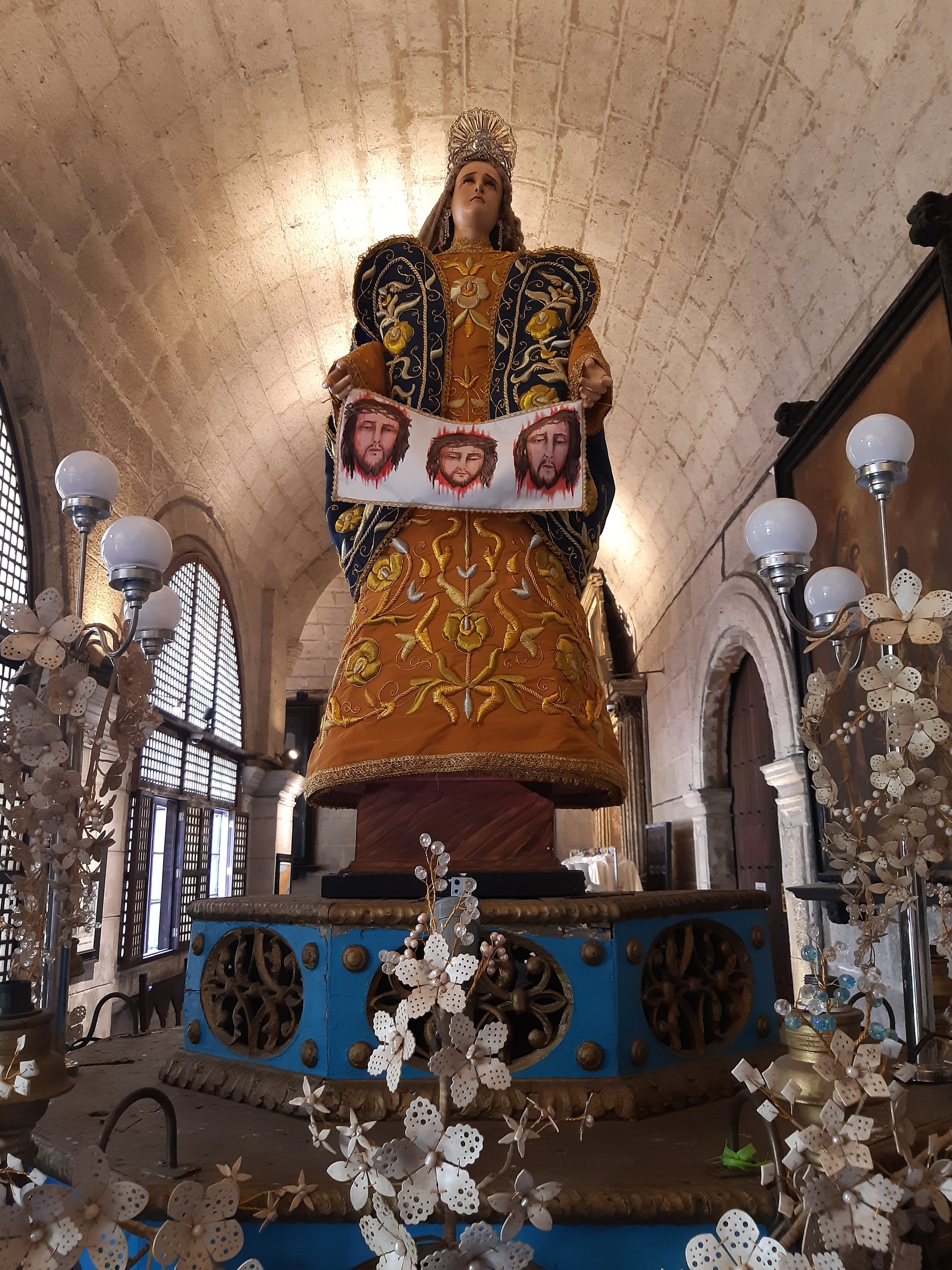 Image of Saint Veronica mounted on a processional float or "carroza." Exhibited in the 2024 Lenten exhibit of the San Agustin Church and Museum, Manila.
